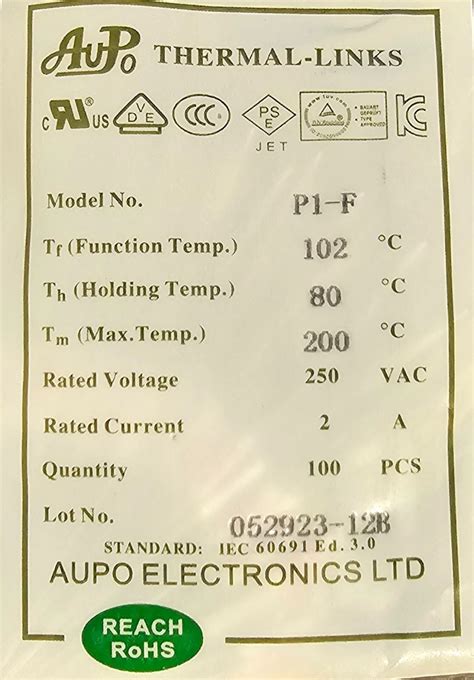 New 15Pcs AUPO Axial Thermal Fuse 250V 2A P1-F Cut Off TF 102℃ Celsius ...