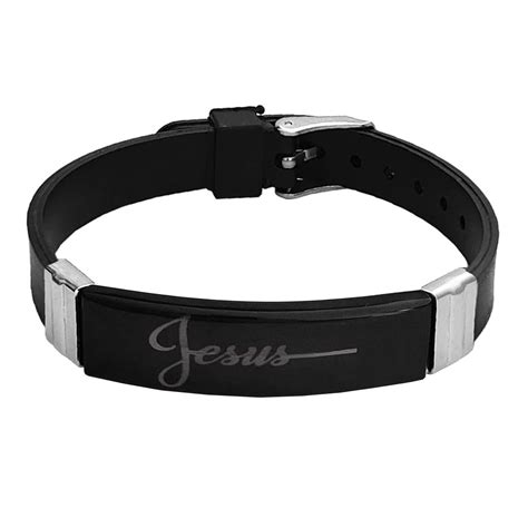 Buy M Men Style Jesus Engraved Wristband Black And Silver Stainless ...
