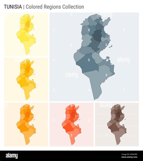 Tunisia map collection. Country shape with colored regions. Blue Grey, Yellow, Amber, Orange ...