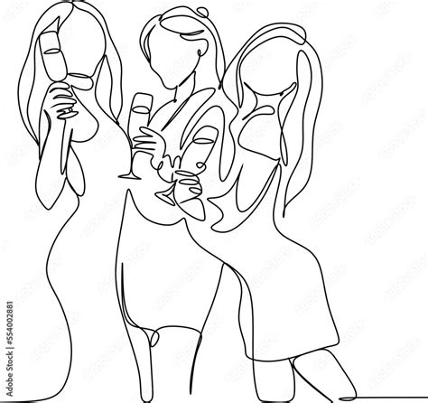 Continuous drawing in one line. Girls with wine glasses. A party ...