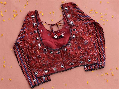 Buy Ajrakh hand block printed Kutch mirror work blouse online