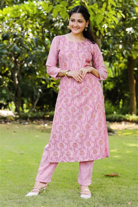 Pink Block Printed Pure Cotton Kurta Pant Set – Laakhi