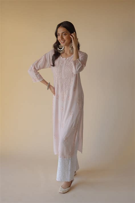 Lulu Light Peach Modal Hand Embroidered Chikankari Kurta