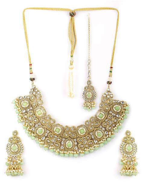 Buy Priyaasi Mint Green Stone Studded Kundan Jewellery Set for Women ...