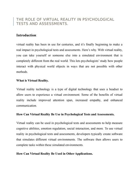 THE ROLE OF Virtual Reality IN Psychological Tests AND Assessments ...