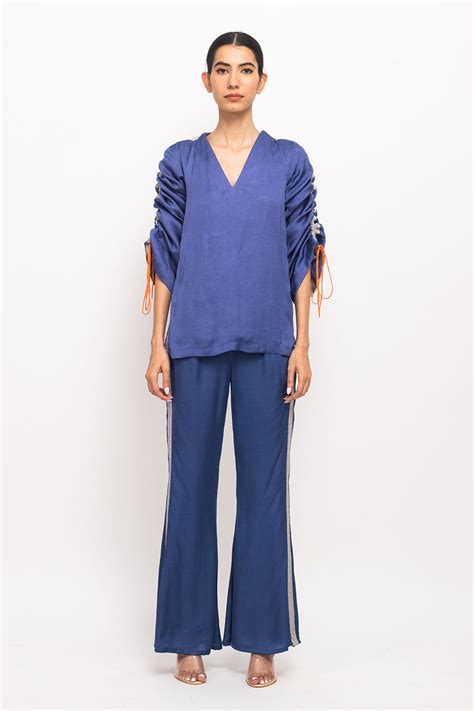 Shop Blue-Grey Rouching Co-Ord Set by NEORA BY NEHAL CHOPRA at House of ...