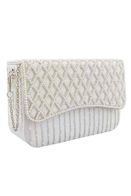 Buy White Embellished Petite Raw Silk Pearl Flap Bag by Samyukta ...