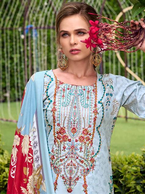 Pure Cotton Light Blue Pakistani Print Unstitched Suit Set for Women ...