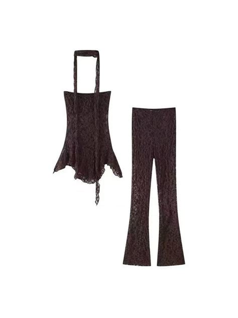 Brown Lace Flared Pants Co‑ord Set