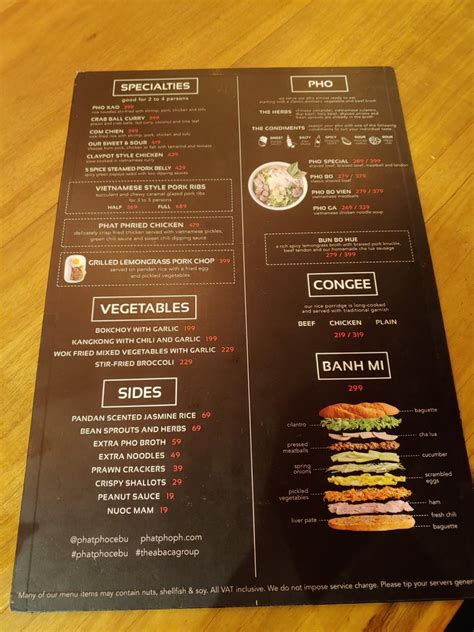 Menu at Phat Pho restaurant, Cebu City, 8WH5+8MF