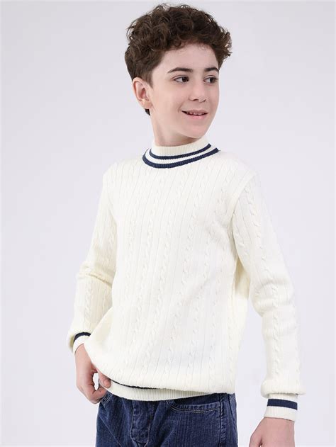 Buy Boys Off White Self Design Round Neck Full Sleeve Pullover Online ...