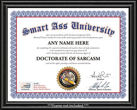 SARCASM AWARD CERTIFICATE Smart Ass DIPLOMA - Funny Joke Gag - Office ...