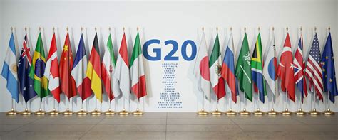 G20 summit or meeting concept. Row from flags of members of G20 Group ...