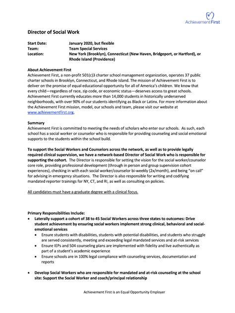 Fillable Online Director of Social Work - Achievement First Fax Email ...