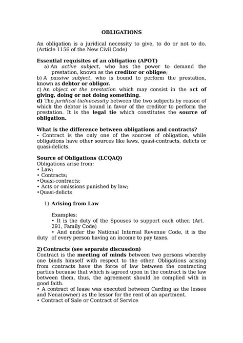 Obligations - LAW - OBLIGATIONS An obligation is a juridical necessity ...