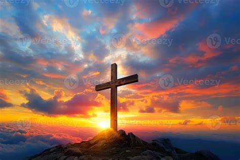 Crucifixion Of Jesus Christ - Cross On Hill At Sunset or Sunrise Sky ...
