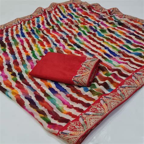 Multicolor Leheriya Printed With Sequins Border Georgette Saree