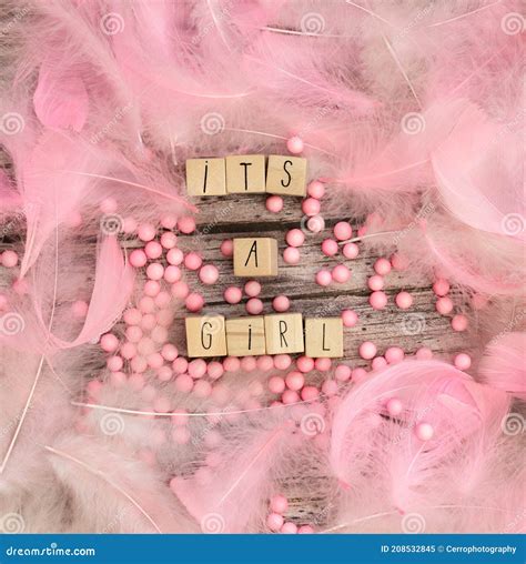 Its a Girl Text on Wooden Background Texture with Pink Feathers for ...
