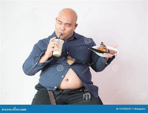 Asian Bald Fat Man with Big Belly Happy in Food Stock Image - Image of ...