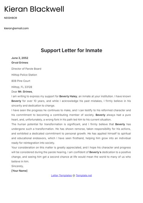 Free Support Letter for Inmate Template to Edit Online