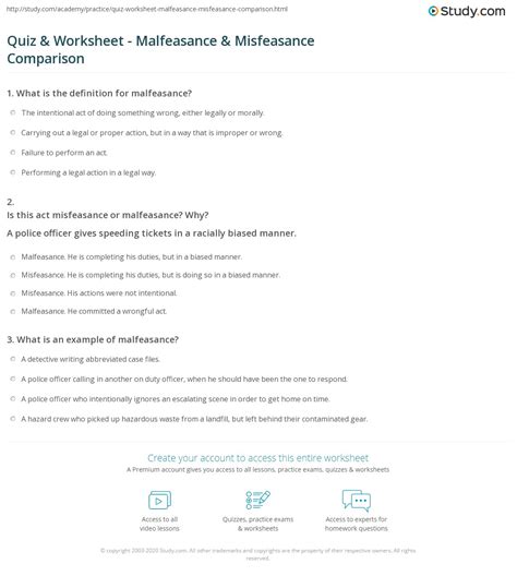 Quiz & Worksheet - Malfeasance & Misfeasance Comparison | Study.com