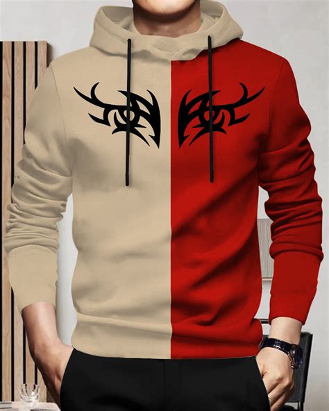 Mens Full Sleeve Hooded Neck Dual Color Printed T-shirt Beige & Red – TRIPR
