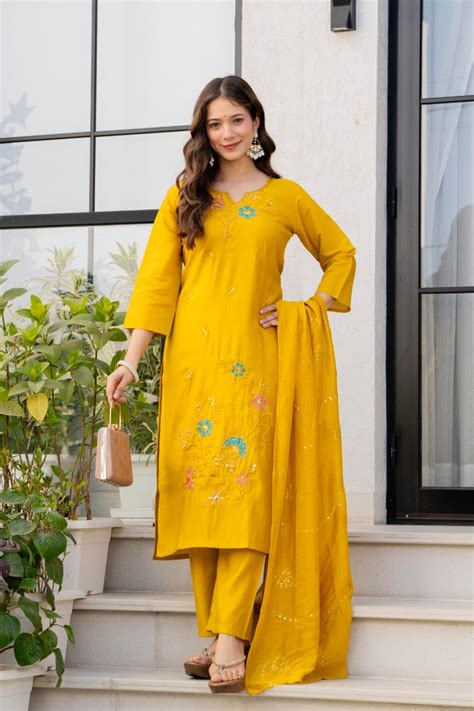 Sunlit Mustard Embroidered Kurta Set with Sequined Dupatta – Blba Kurti