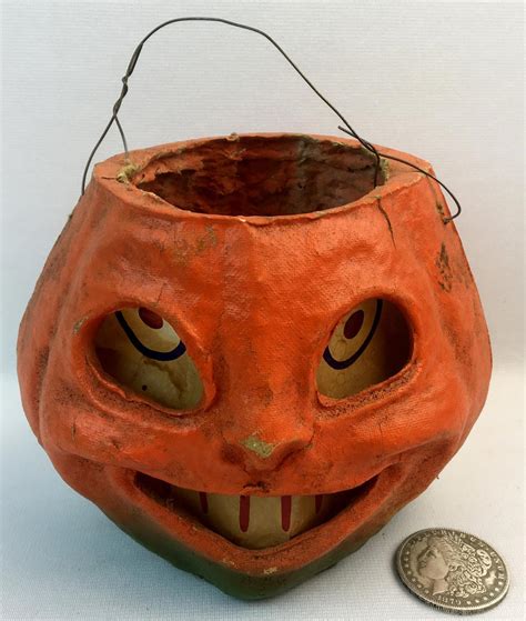 Lot - Vintage 1930's Halloween Paper Mache Jack-O-Lantern w/ Insert