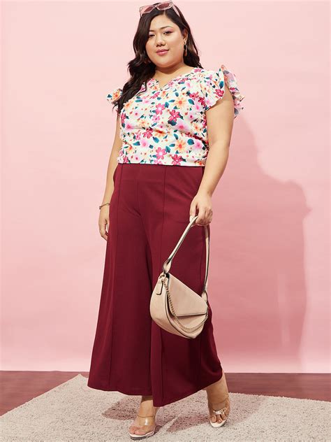 Women Plus Size White & Multicolour Floral Printed V-Neck Puff Sleeve ...