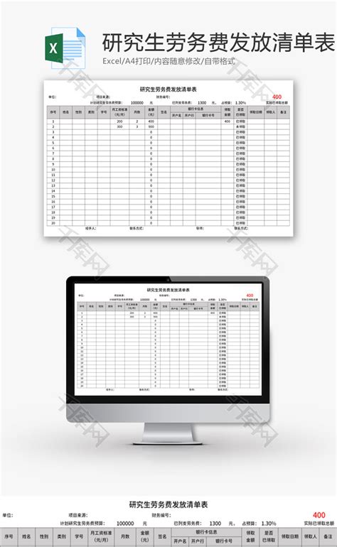 研究生劳务费发放清单表Excel模板_千库网(excelID：149820)