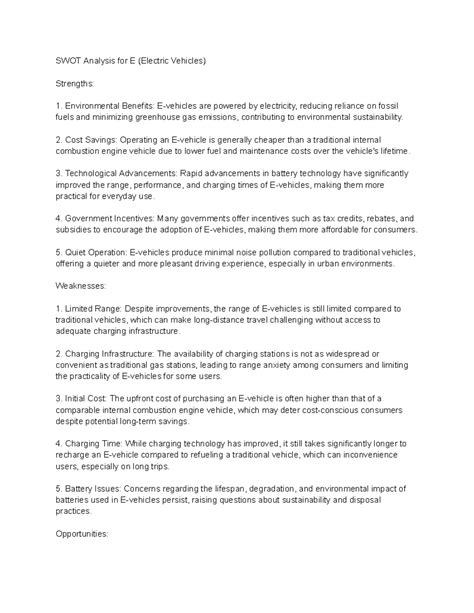 SWOT Analysis for Electric Vehicles (EV) - Strengths & Weaknesses - Studocu