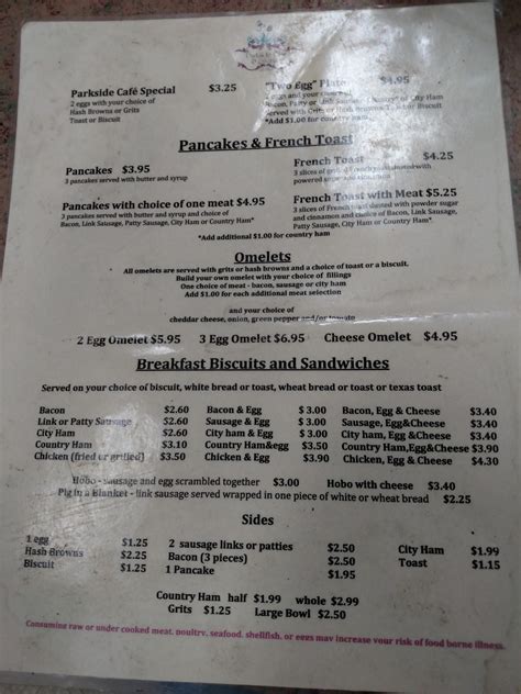 Menu at Parkside Cafe, Pine Level, U.S. Hwy 70A E