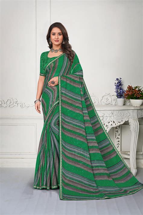 Laxmipati Striped Print in Green Chiffon Saree