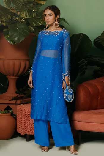 Buy Blue Organza, Crepe, Brocade, Satin Sequins, Embellished Kurta And ...