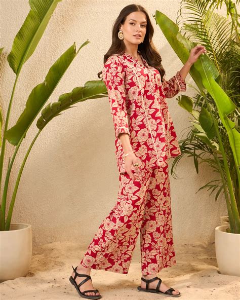 Red Floral Pure Cotton V-Neck Top & Trouser Co-Ord Set – IMANA
