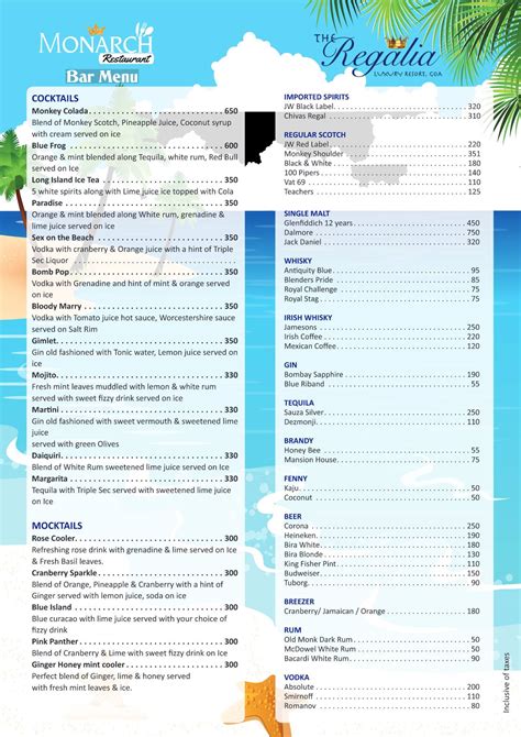 Menu at Monarch Restaurant, Mandrem