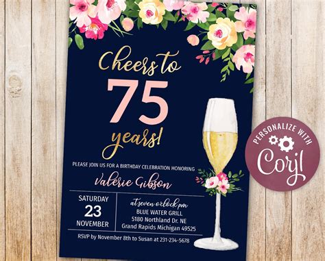 75th Birthday Invitations Cheers to 75 Years Birthday Party | Etsy