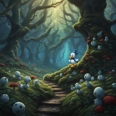 Donald Duck crosses a haunted forest of Kodama (Princess Mononoke) - AI ...