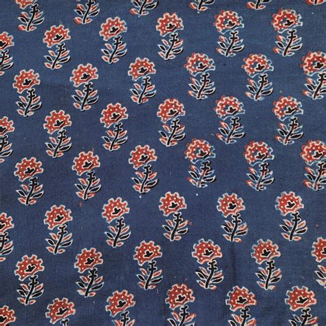 (Pre Cut 1.28 Meter Pure Cotton Ajrak Rust Blue With Red Flower Motif ...