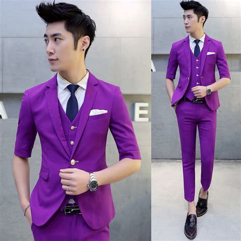 韩版中袖西服套装 西装三件套 十色 紫色 本色型男2016_djxiaokeremix