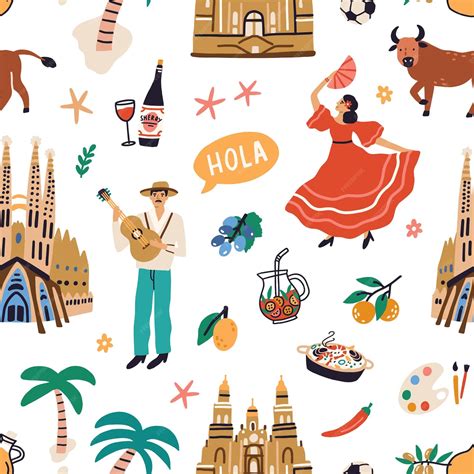 Premium Vector | Seamless pattern with famous symbols of Spanish ...
