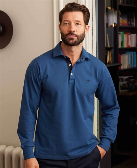 Men's Denim Blue Long Sleeve Polo Shirt – Savile Row Company