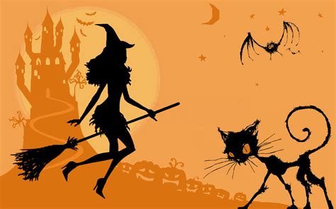 Обои на рабочий стол Ведьма на метле, черный кот и летучая мышь на фоне ...