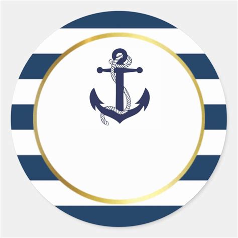 Nautical Navy Blue Gold Stripes Anchor Baby Shower Classic Round Sticker | Zazzle | Gold stripes ...