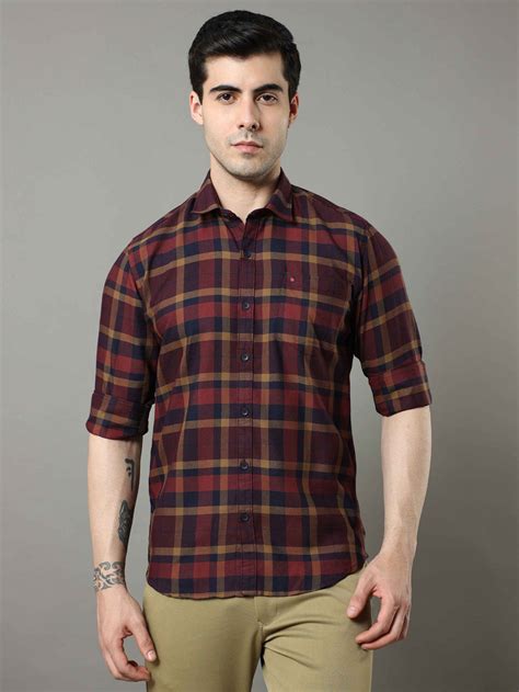 Shop Men's Rust Slim Fit Cotton Casual Checks Shirt Online