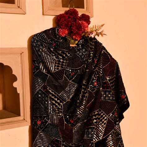 Plus Size Black Sequin Embroidered Velvet Dupatta for Winter