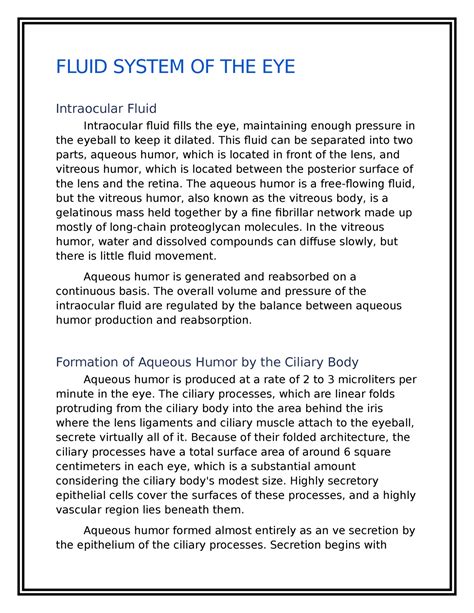 Overview OF THE Fluid System OF THE EYE - FLUID SYSTEM OF THE EYE ...