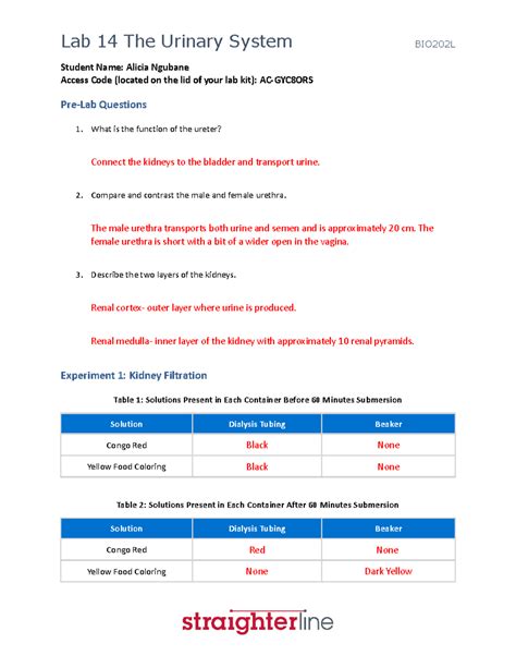 A+P LAB 14 - Kidney Filtration & Urinalysis Experiments Summary - Studocu