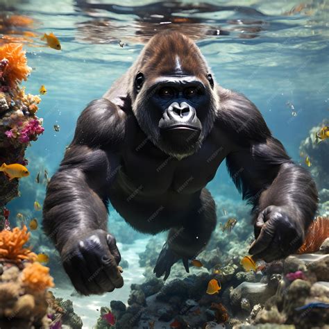 Premium Photo | A gorilla swimming in a water with many tropical fish