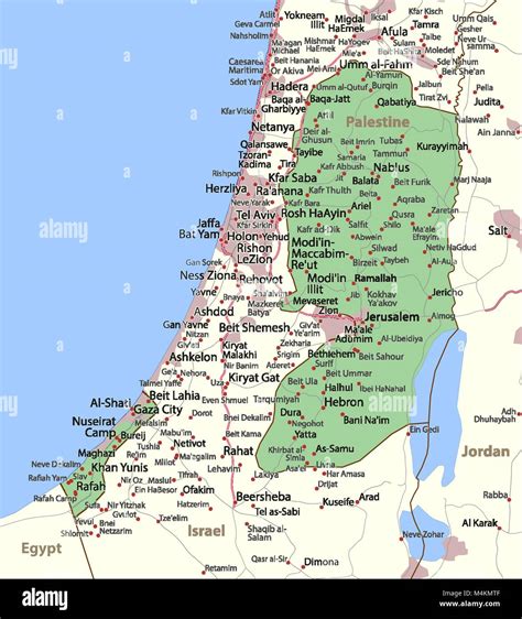 Map of Palestine. Shows country borders, urban areas, place names and roads. Labels in English ...